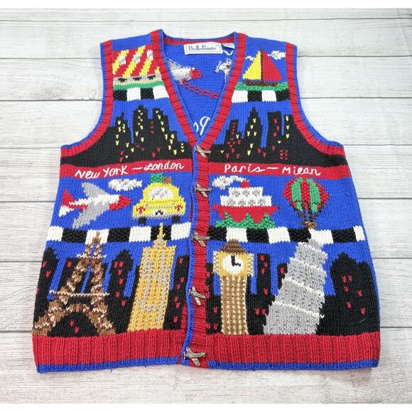 BellePointe Vintage Womens Christmas Sweater Vest Travel Paris London NY Size L - Picture 1 of 6